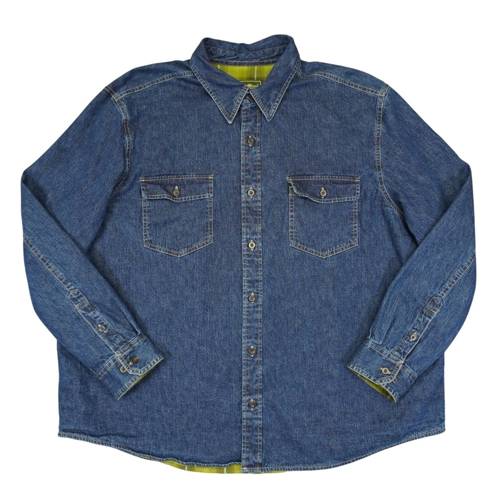 Eddie Bauer Shirt Jacket Mens XXL Denim Jean Flannel Lined Green Plaid Shacket